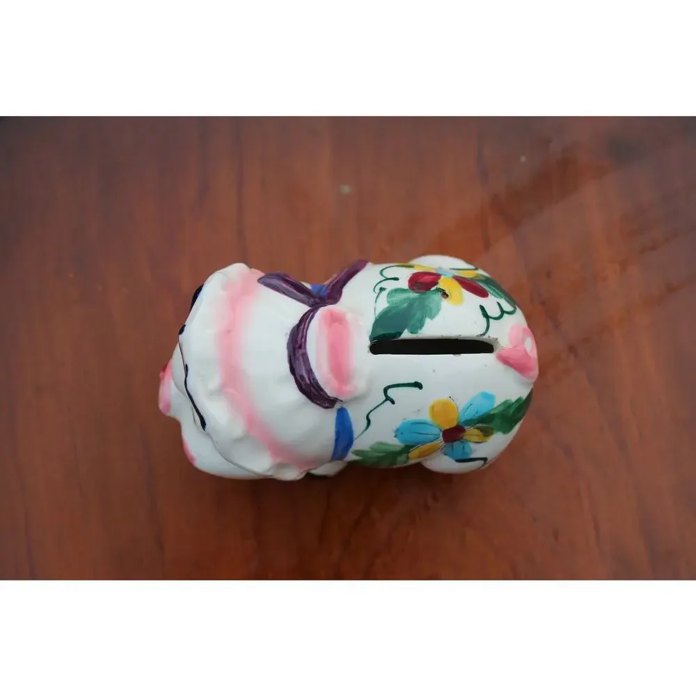 Vintage Ceramic Piggy Bank Hand Decorated Smiling Pig Drain Plug Nursery Decor